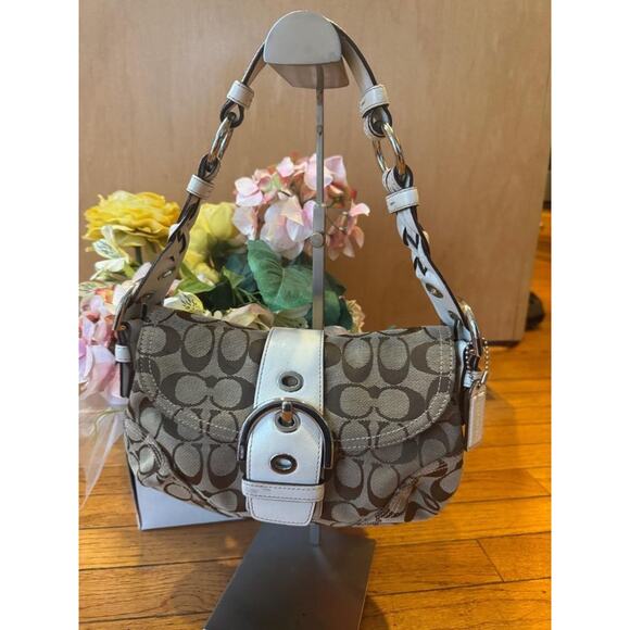 COACH 06171 Vtg Y2K Soho Shoulder Bag Brown Canvas w Buckle Cream Leather (150 - Picture 1 of 10